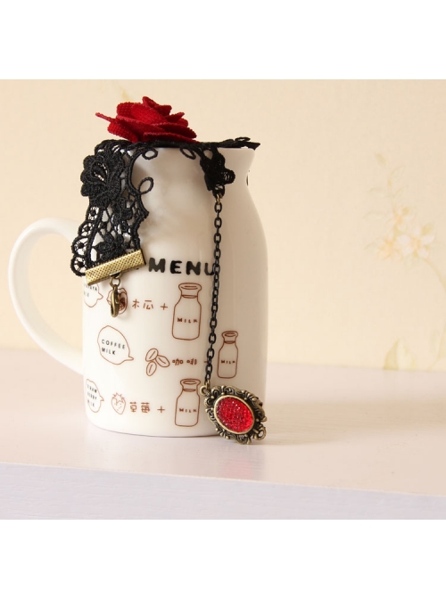 Gothic Palace Ball Red Rose Ruby Retro Black Lace Bracelet With Ring Wristband One Chain