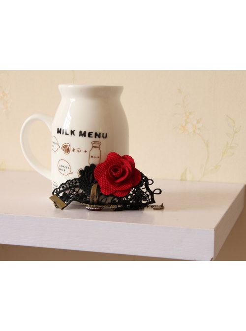 Gothic Palace Ball Red Rose Ruby Retro Black Lace Bracelet With Ring Wristband One Chain