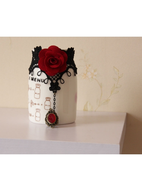 Gothic Palace Ball Red Rose Ruby Retro Black Lace Bracelet With Ring Wristband One Chain