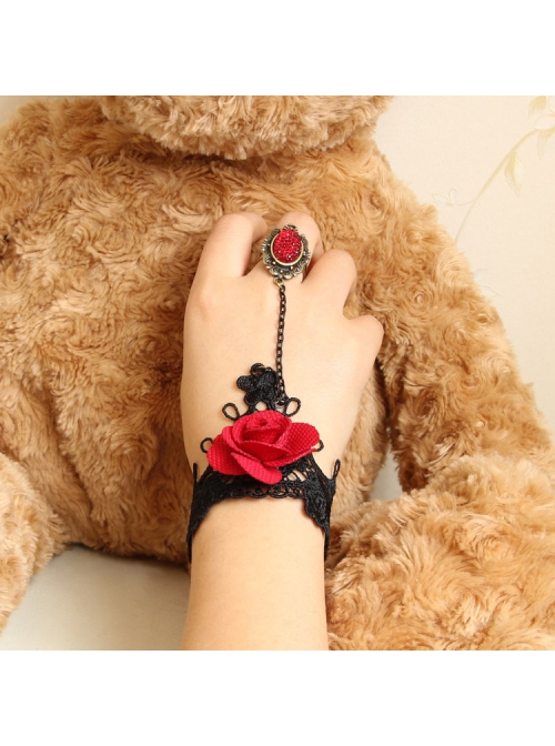 Gothic Palace Ball Red Rose Ruby Retro Black Lace Bracelet With Ring Wristband One Chain