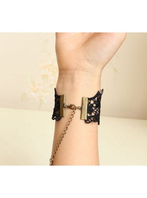 Gothic Palace Ball Red Rose Ruby Retro Black Lace Bracelet With Ring Wristband One Chain