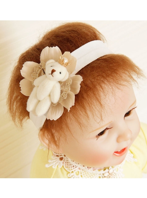 Cute Fashion White Flowers Lace Crown Bear Baby Girls Elastic Headband