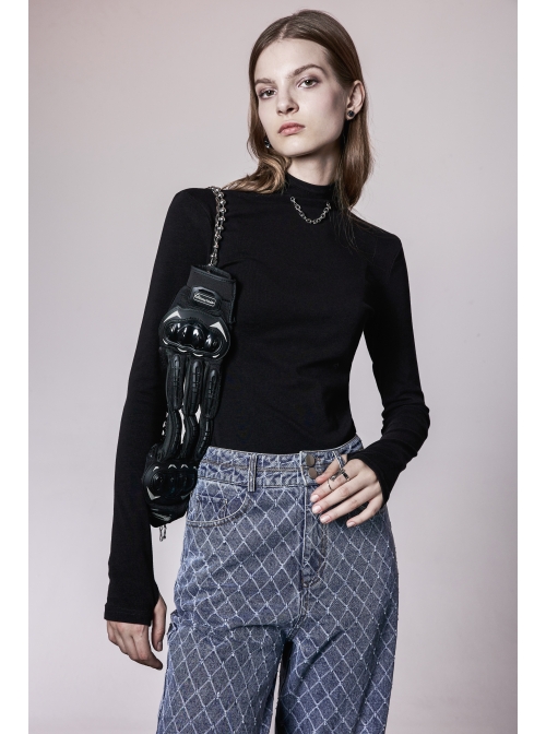 High Collar Metal Chain Pendant Long Sleeve Black Punk T-Shirt