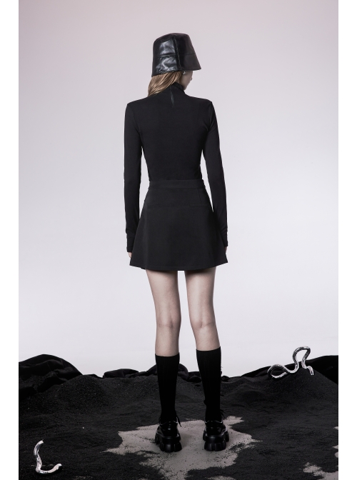 High Collar Metal Chain Pendant Long Sleeve Black Punk T-Shirt