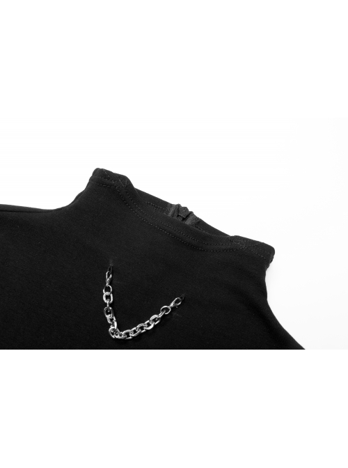 High Collar Metal Chain Pendant Long Sleeve Black Punk T-Shirt