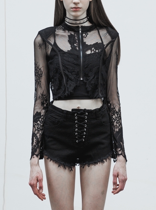 Black Gothic Shoulder Cushion Lace Embroidery Short Jacket