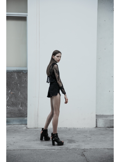 Black Gothic Shoulder Cushion Lace Embroidery Short Jacket