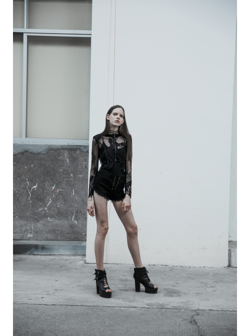 Black Gothic Shoulder Cushion Lace Embroidery Short Jacket