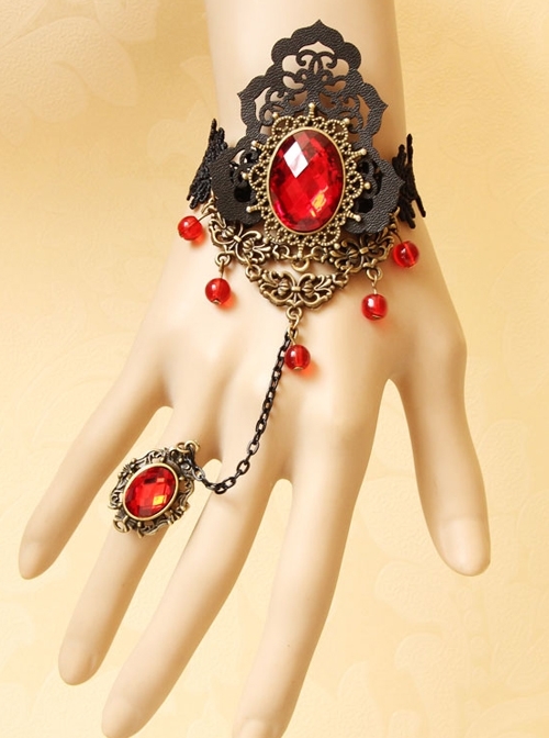 Gothic Style Retro Fashion Personality Black Lace Ruby Handmade Bracelet With Ring One Chain
