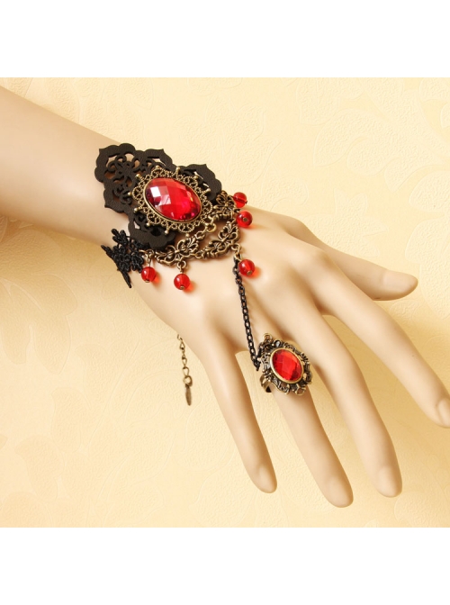 Gothic Style Retro Fashion Personality Black Lace Ruby Handmade Bracelet With Ring One Chain