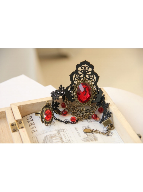 Gothic Style Retro Fashion Personality Black Lace Ruby Handmade Bracelet With Ring One Chain