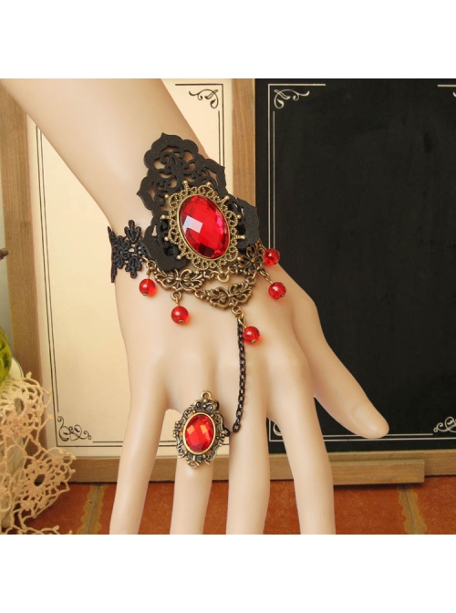 Gothic Style Retro Fashion Personality Black Lace Ruby Handmade Bracelet With Ring One Chain