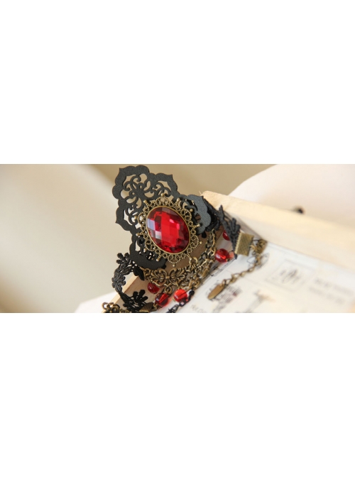 Gothic Style Retro Fashion Personality Black Lace Ruby Handmade Bracelet With Ring One Chain
