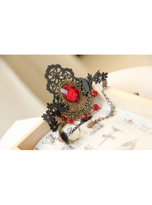 Gothic Style Retro Fashion Personality Black Lace Ruby Handmade Bracelet With Ring One Chain