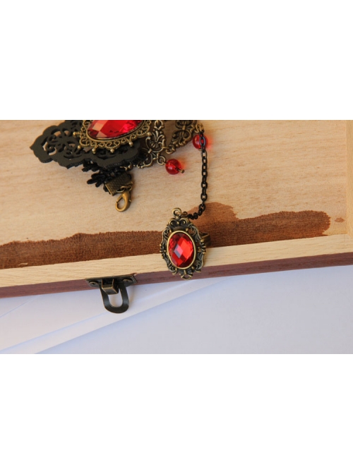Gothic Style Retro Fashion Personality Black Lace Ruby Handmade Bracelet With Ring One Chain