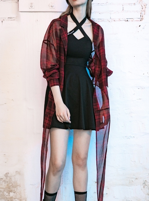 Suit Collar Long Sleeve Bandage Hem Wine Red Plaid Punk Short Blouse