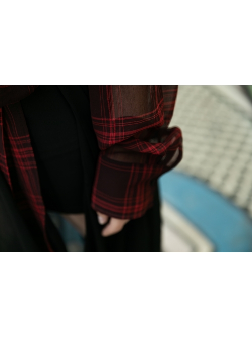 Suit Collar Long Sleeve Bandage Hem Wine Red Plaid Punk Short Blouse