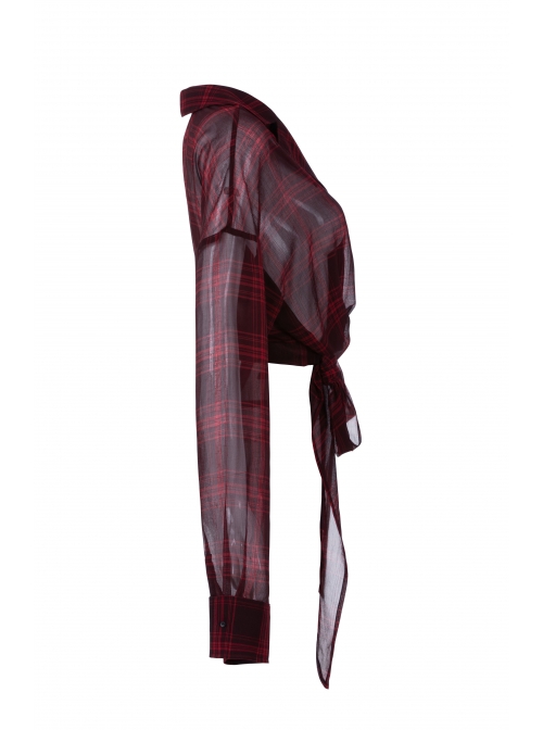 Suit Collar Long Sleeve Bandage Hem Wine Red Plaid Punk Short Blouse