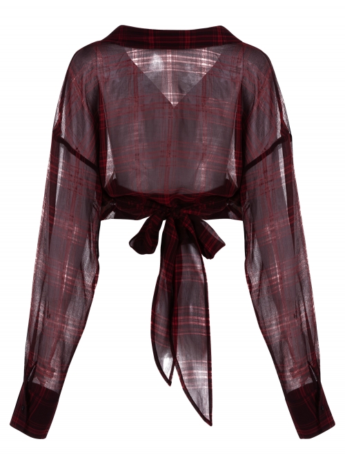 Suit Collar Long Sleeve Bandage Hem Wine Red Plaid Punk Short Blouse