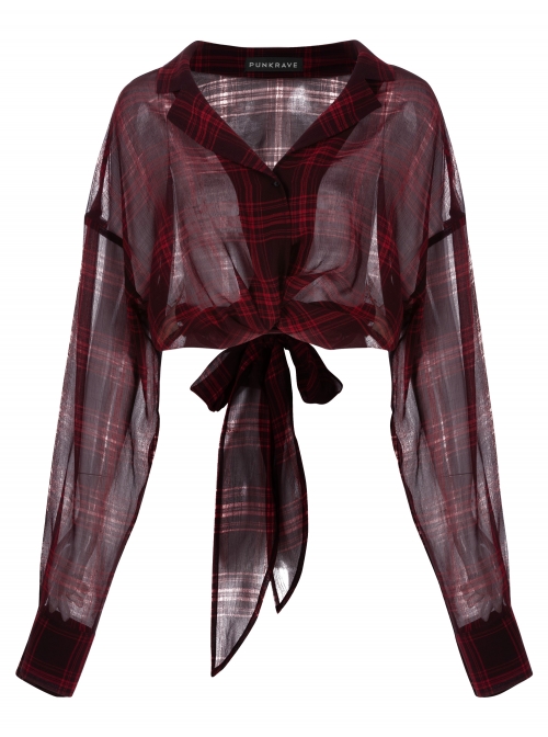 Suit Collar Long Sleeve Bandage Hem Wine Red Plaid Punk Short Blouse