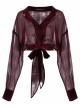 Suit Collar Long Sleeve Bandage Hem Wine Red Plaid Punk Short Blouse