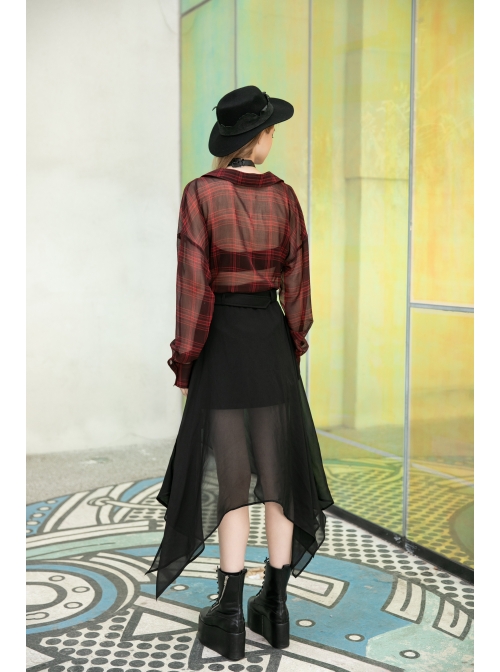 Suit Collar Long Sleeve Bandage Hem Wine Red Plaid Punk Short Blouse
