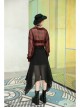 Suit Collar Long Sleeve Bandage Hem Wine Red Plaid Punk Short Blouse