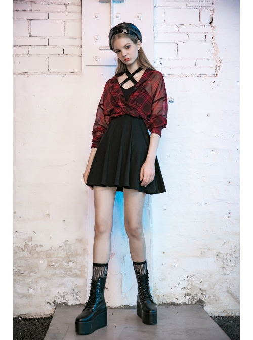 Suit Collar Long Sleeve Bandage Hem Wine Red Plaid Punk Short Blouse