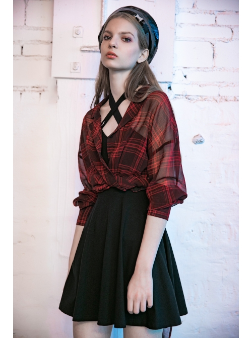 Suit Collar Long Sleeve Bandage Hem Wine Red Plaid Punk Short Blouse