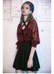 Suit Collar Long Sleeve Bandage Hem Wine Red Plaid Punk Short Blouse