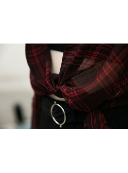 Suit Collar Long Sleeve Bandage Hem Wine Red Plaid Punk Short Blouse
