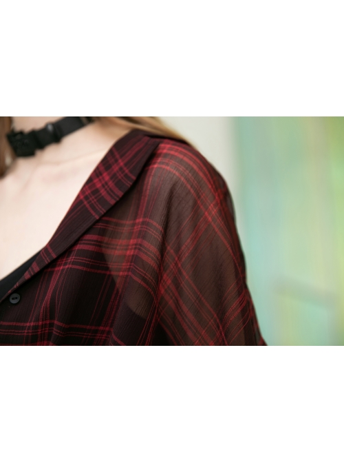 Suit Collar Long Sleeve Bandage Hem Wine Red Plaid Punk Short Blouse