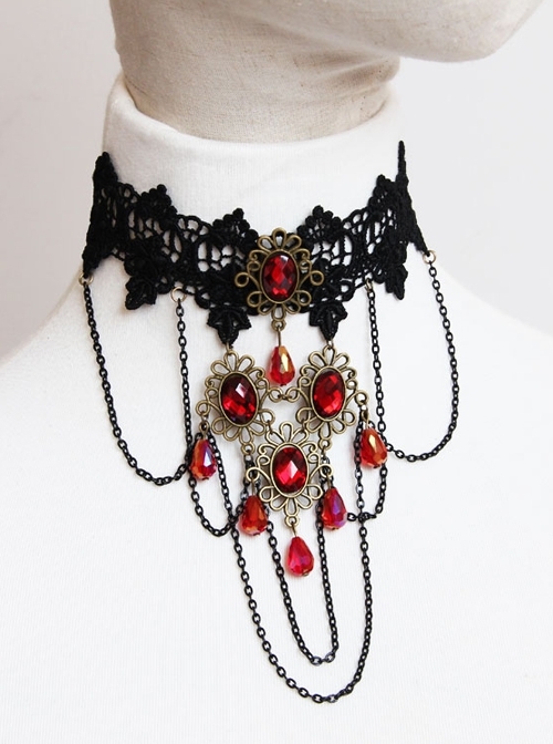 Bride Gothic Vampire Exaggerated Black Lace Ruby Fashion Choker