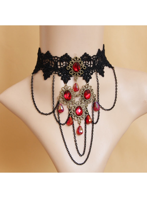 Bride Gothic Vampire Exaggerated Black Lace Ruby Fashion Choker
