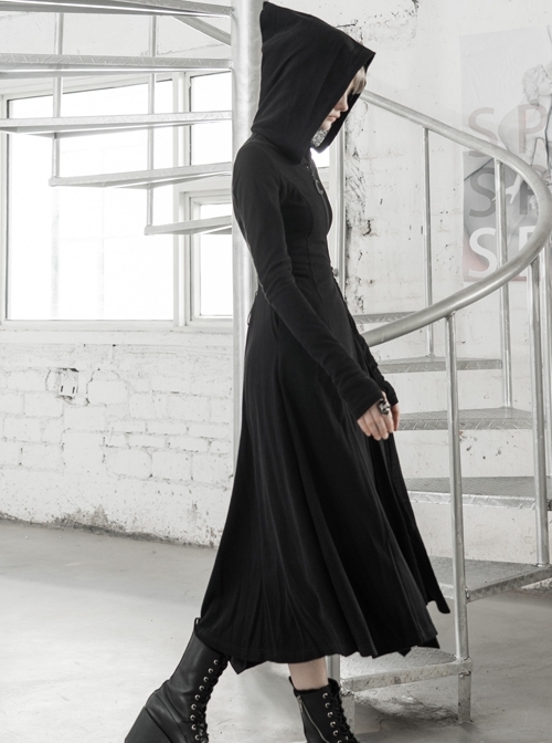 Front Oblique Zipper Pointed Hood Long Sleeve Split Hem Black Gothic Coat