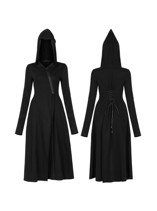 Front Oblique Zipper Pointed Hood Long Sleeve Split Hem Black Gothic Coat