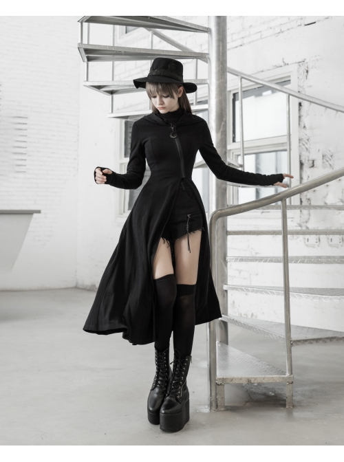Front Oblique Zipper Pointed Hood Long Sleeve Split Hem Black Gothic Coat