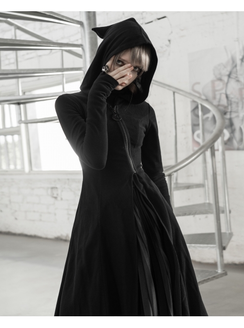 Front Oblique Zipper Pointed Hood Long Sleeve Split Hem Black Gothic Coat