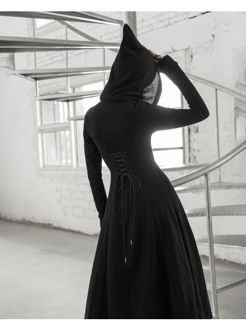 Front Oblique Zipper Pointed Hood Long Sleeve Split Hem Black Gothic Coat