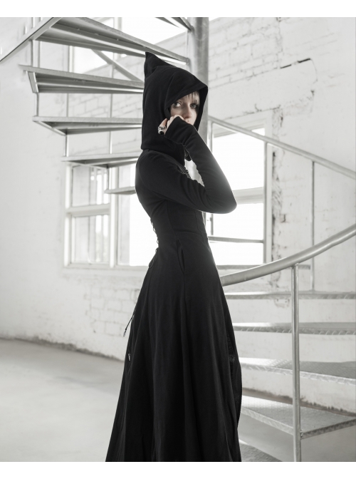 Front Oblique Zipper Pointed Hood Long Sleeve Split Hem Black Gothic Coat