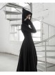 Front Oblique Zipper Pointed Hood Long Sleeve Split Hem Black Gothic Coat