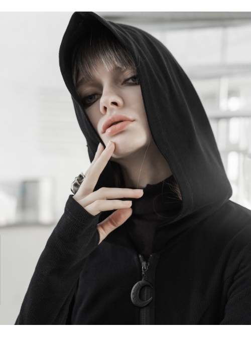 Front Oblique Zipper Pointed Hood Long Sleeve Split Hem Black Gothic Coat