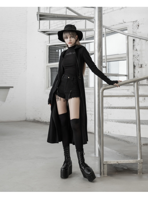 Front Oblique Zipper Pointed Hood Long Sleeve Split Hem Black Gothic Coat