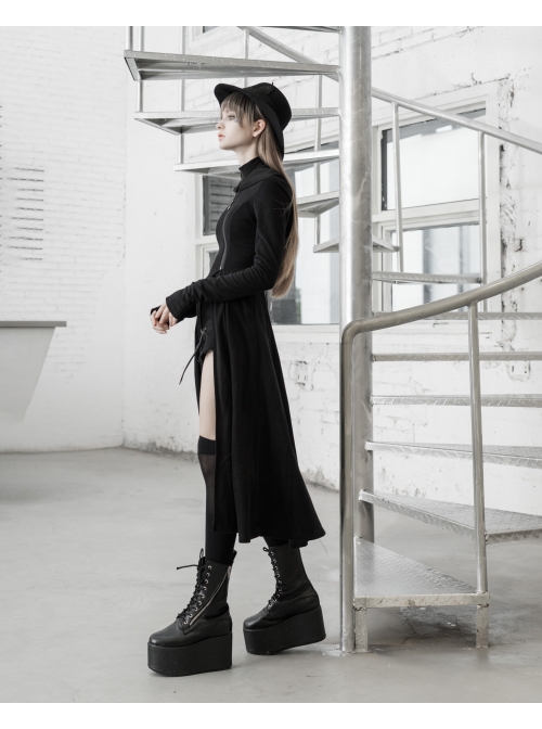 Front Oblique Zipper Pointed Hood Long Sleeve Split Hem Black Gothic Coat