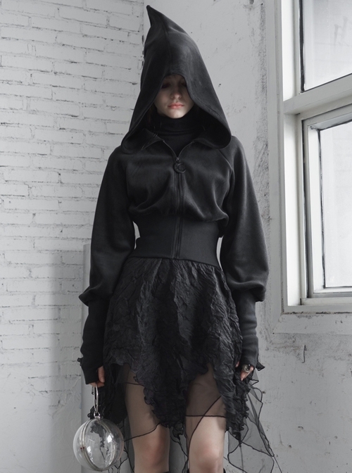 Sharp-Angle Wizard Hat Front Hairball Metal Moon Pendant Black Gothic Embroidery Coat