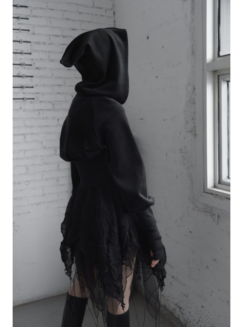 Sharp-Angle Wizard Hat Front Hairball Metal Moon Pendant Black Gothic Embroidery Coat