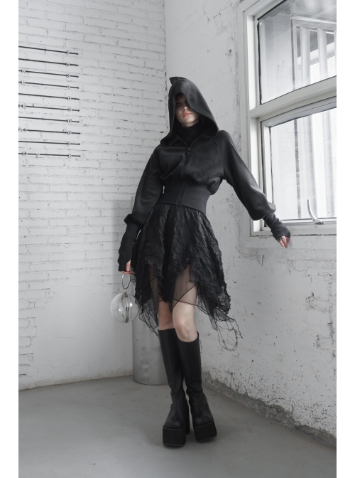 Sharp-Angle Wizard Hat Front Hairball Metal Moon Pendant Black Gothic Embroidery Coat