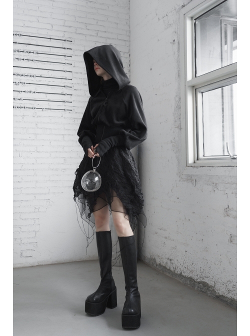 Sharp-Angle Wizard Hat Front Hairball Metal Moon Pendant Black Gothic Embroidery Coat