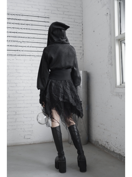 Sharp-Angle Wizard Hat Front Hairball Metal Moon Pendant Black Gothic Embroidery Coat