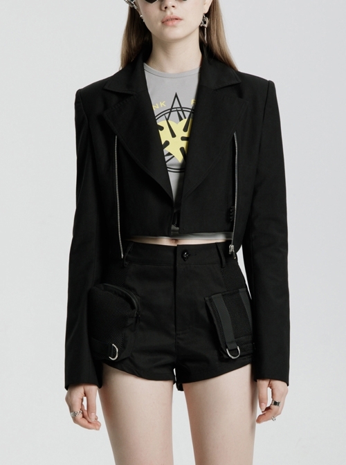 Fake Two-Piece Metal Zipper Decoration Waist Buckle Back Embroidery Black Punk Short Coat